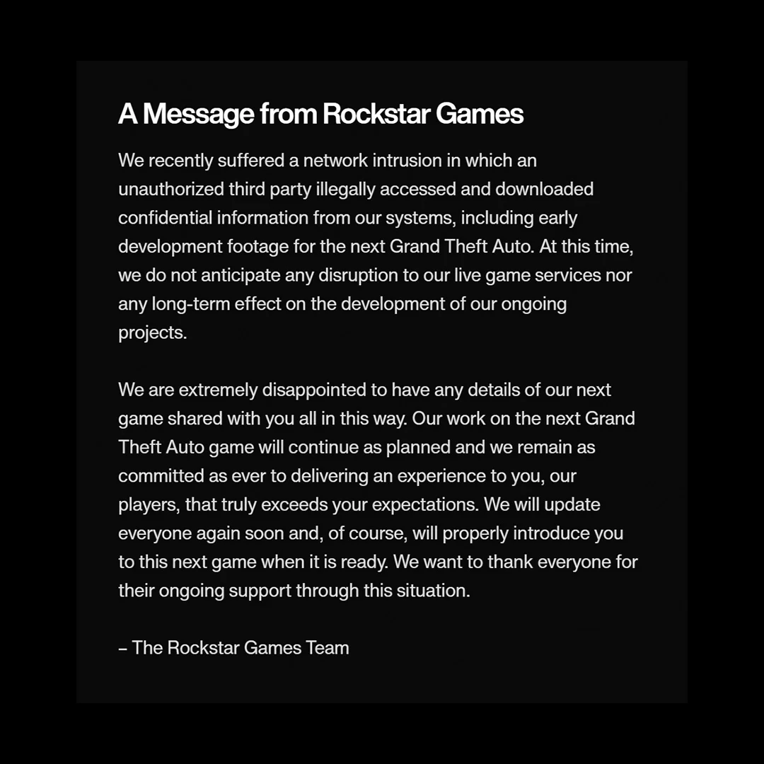 Rockstar Games Statement Gta6 Leak