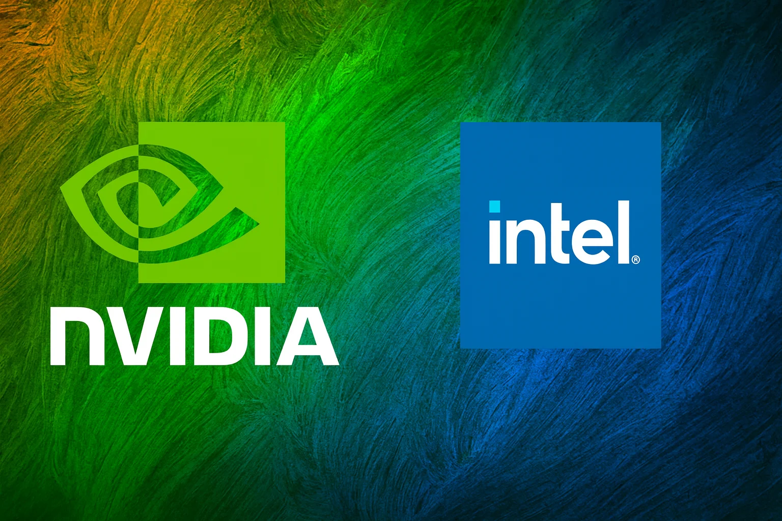 NVIDIA CEO Jensen Huang and Intel CEO Pat Gelsinger shaking hands at a press conference.